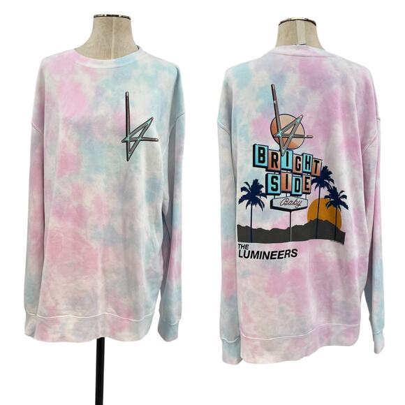 Independent Trading Company Tops - The Lumineers Brightside Roadside Motel Crewneck Sweatshirt Tie Dye Pink Blue XL